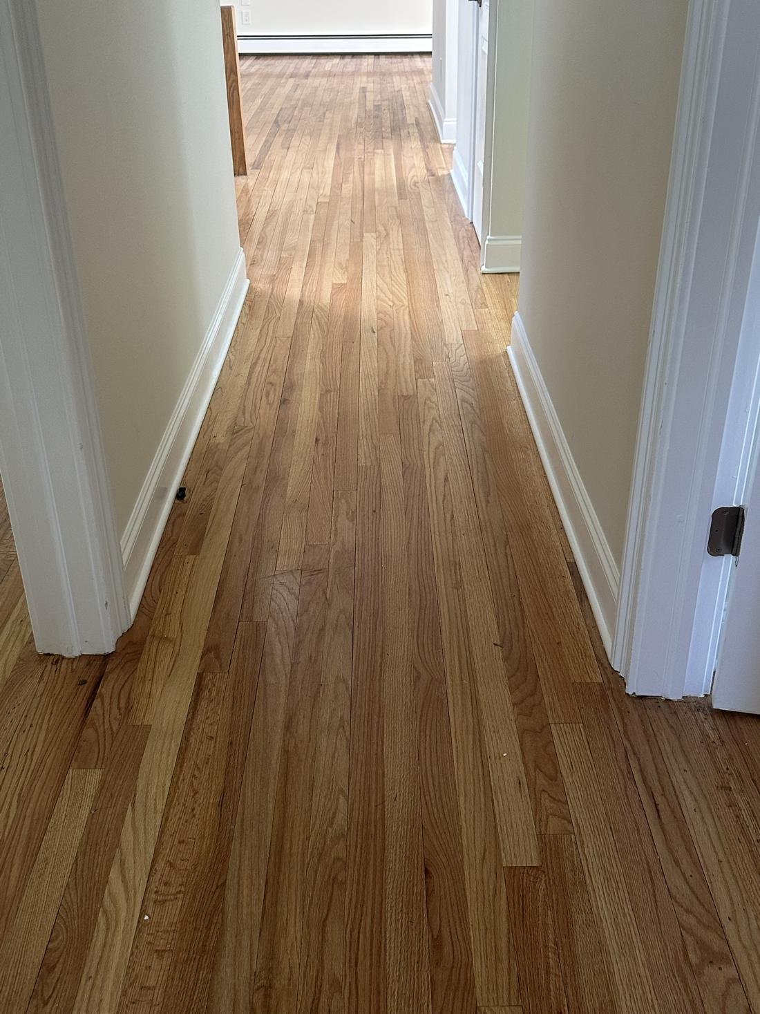 Same hallway after finish is applied, warm amber oak