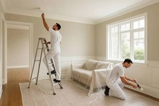 Two painters working on crown molding and wainscoting with furniture covered
